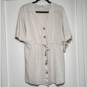 Entro Womens‎ Oatmeal Linen Blend Button Front Drawstring Dress D16492 M